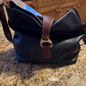 Dooney & Bourke Black Pebble Leather Hobo Bag with Brown Trim